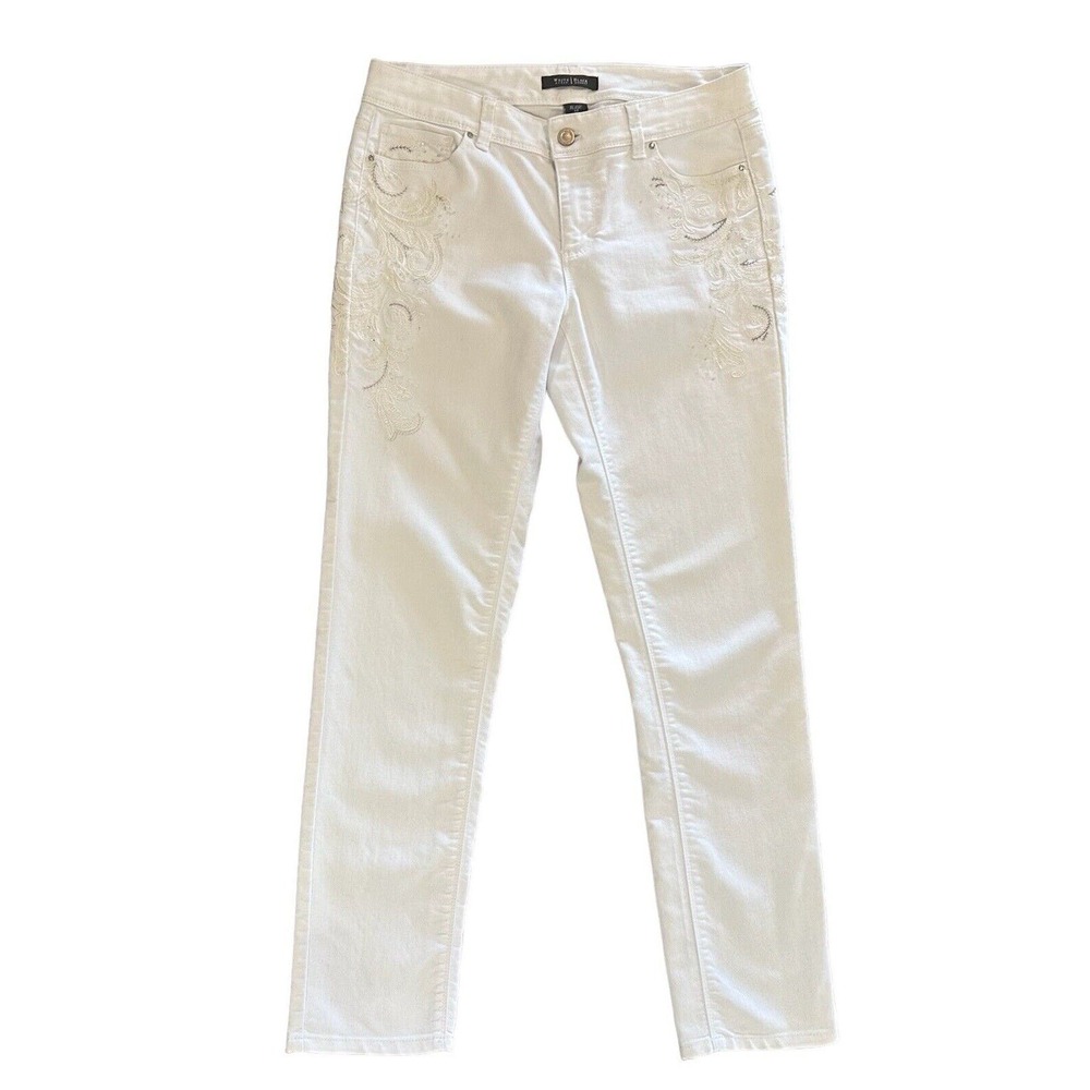 White House Black Market Womens Size 4R Embroidered Slim Leg White Denim Jeans